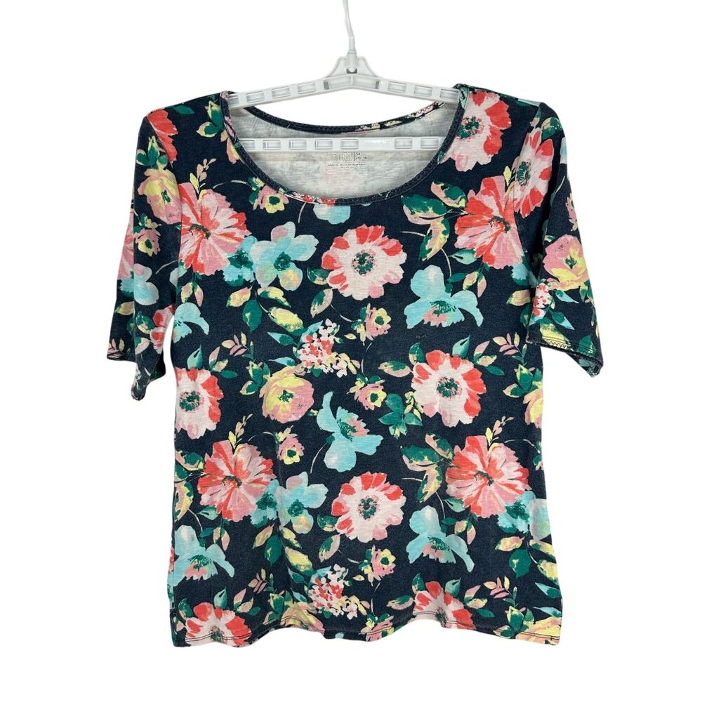 Time And Tru Womens Floral Print Short Sleeve Tee Size L Multicolor Comfortable